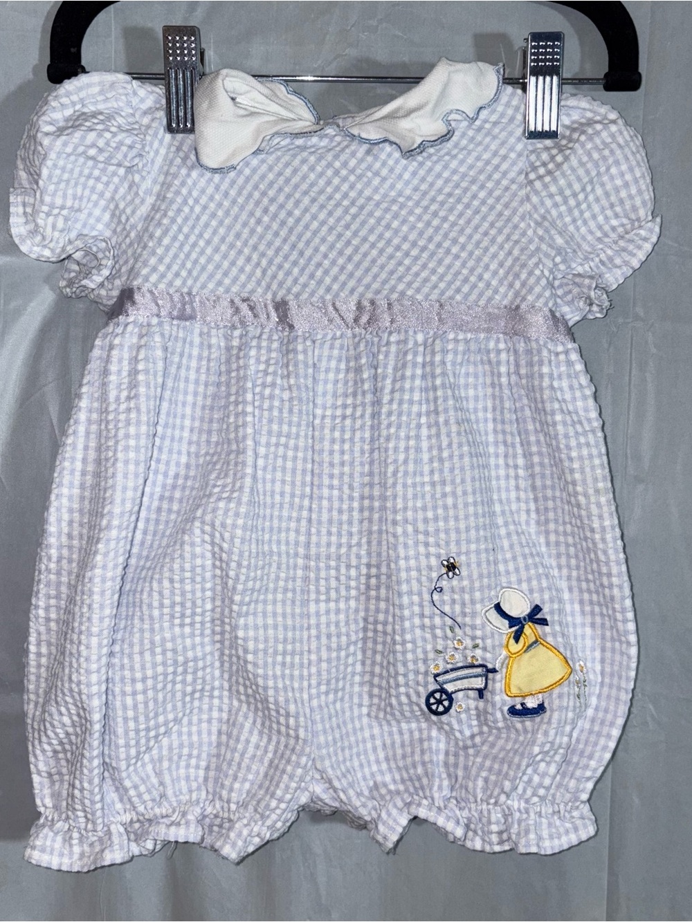 Vintage Retro 90s Americana Baby Girl Blue Gingham Bubble Romper 6/9 Months